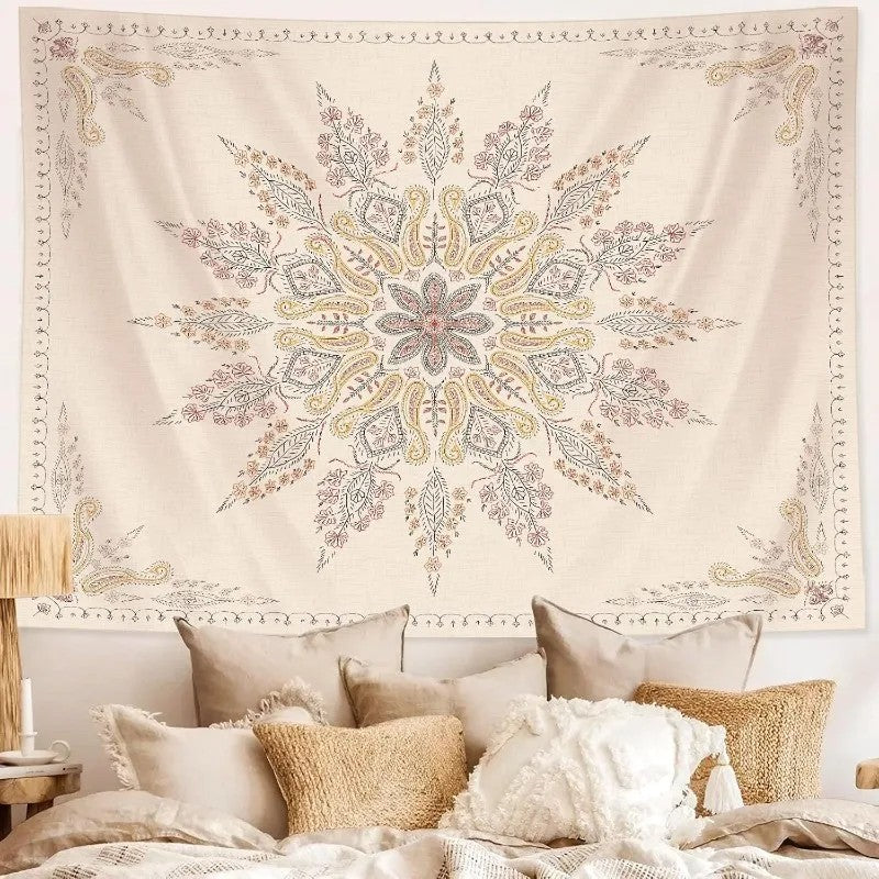 Boho wall tapestry used as a serene bed backdrop in a natural-themed bedroom
