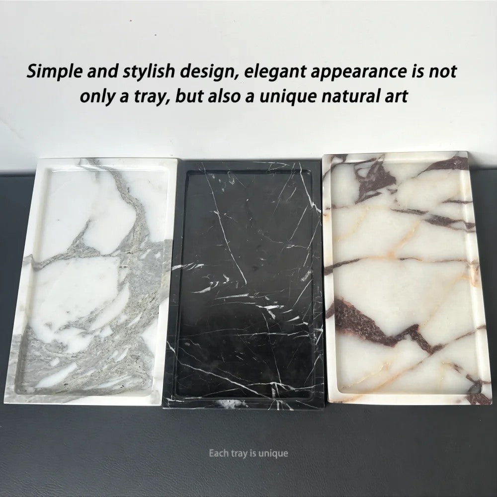 Calacatta marble vanity tray styled in a modern bathroom