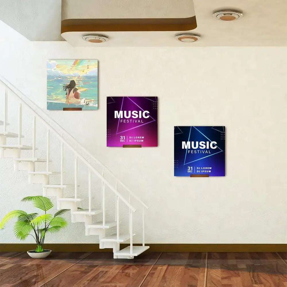 Vinyl record and music posters displayed using wooden wall mounts along a staircase wall – Nestoryplace