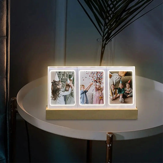 LED-lit 3-in-1 acrylic photo frame with instant film prints – glowing night mood decor on tabletop by Nestoryplace