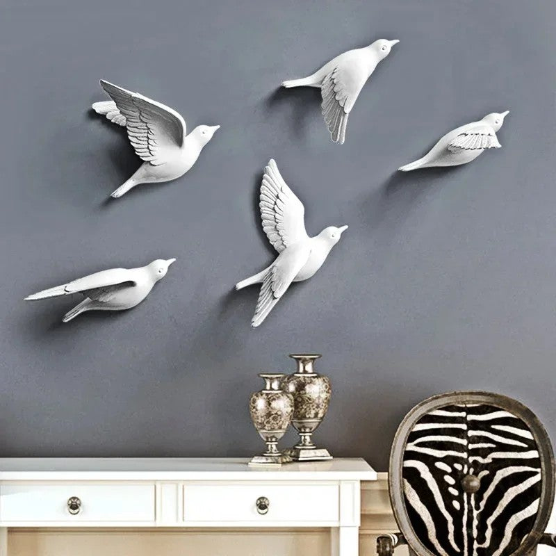 Minimalist 3D bird sculpture mounted on living room wall for soft nature-inspired style