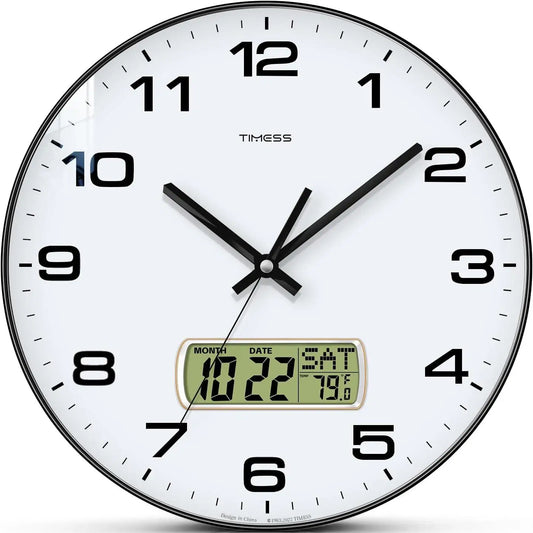 Curved side view of black frame wall clock in detail
