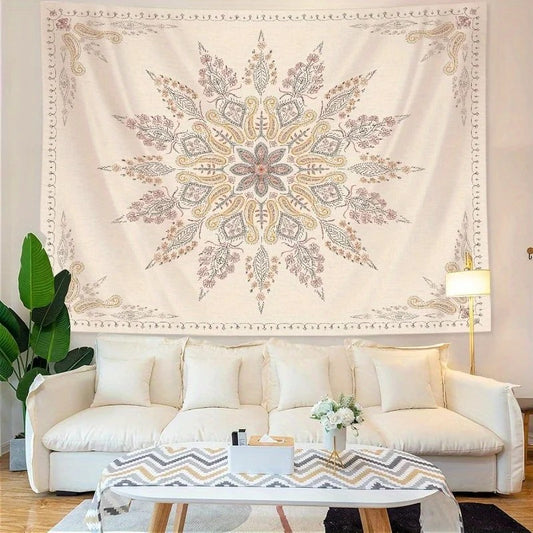 Boho Floral Emblem Wall Tapestry in off-white with soft flower motif, ideal for bedrooms or dorm walls