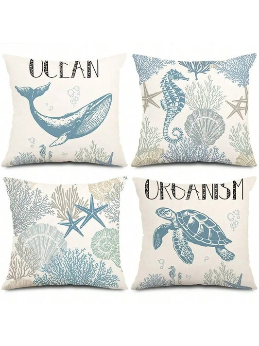 Coastal shell print burlap pillow cover featuring starfish and coral design for beach-themed decor