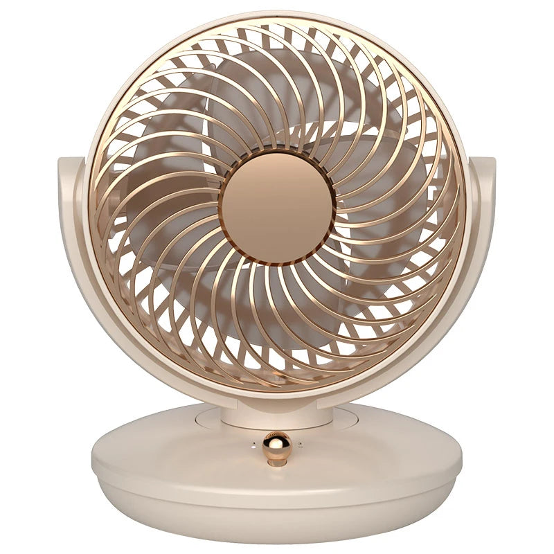 Compact beige table fan with spiral grill design and one-button control, ideal for home and office
