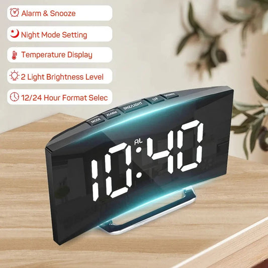 Noiseless digital LED mirror alarm clock showing alarm, snooze, brightness levels, temperature, and night mode features
