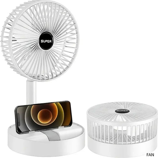 Foldable USB desk fan with built-in phone holder and detachable base, shown fully extended and folded