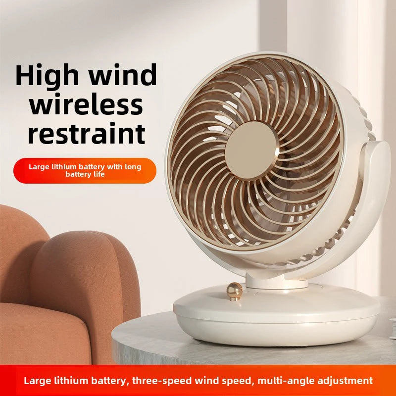 High wind USB fan placed on a desk with emphasis on strong airflow and wireless power via USB