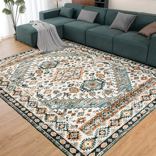 Washable vintage rug styled in modern living room interior