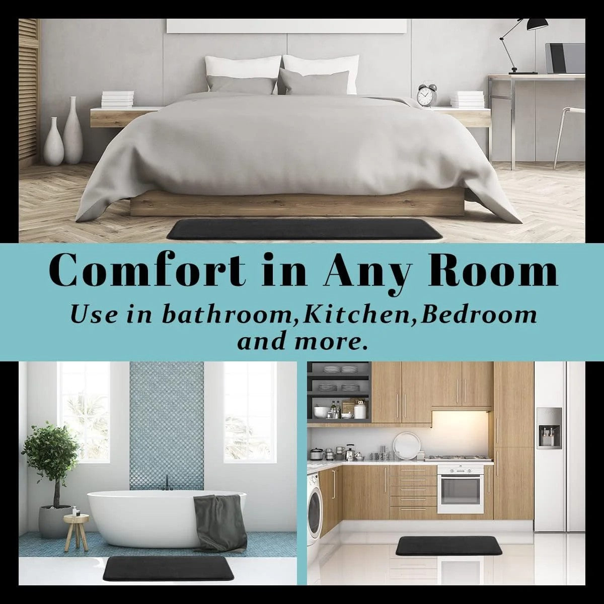 Versatile bath mat used in bedroom, kitchen, and bathroom settings—soft and non-slip for cozy comfort in any room