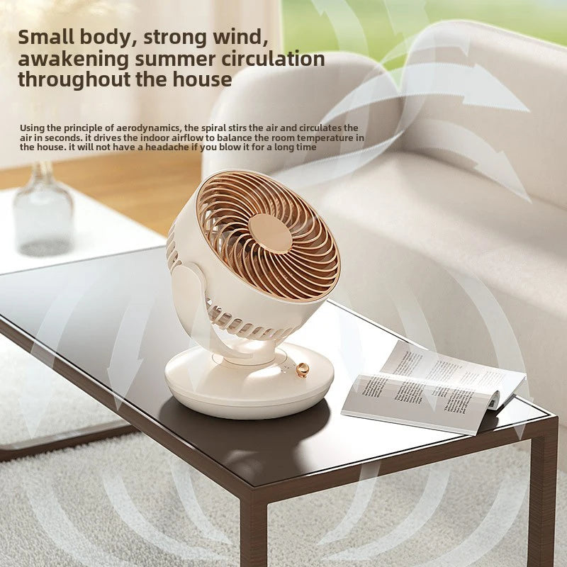 Quiet beige USB fan placed in a minimal desk setup, ideal for bedrooms or workspaces
