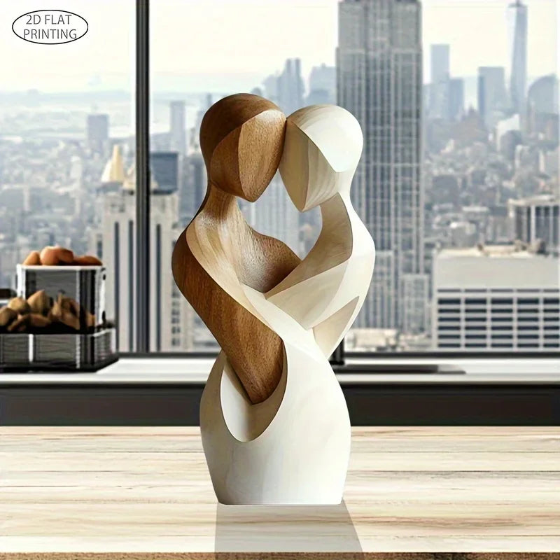 Romantic wooden couple statue in front of large window