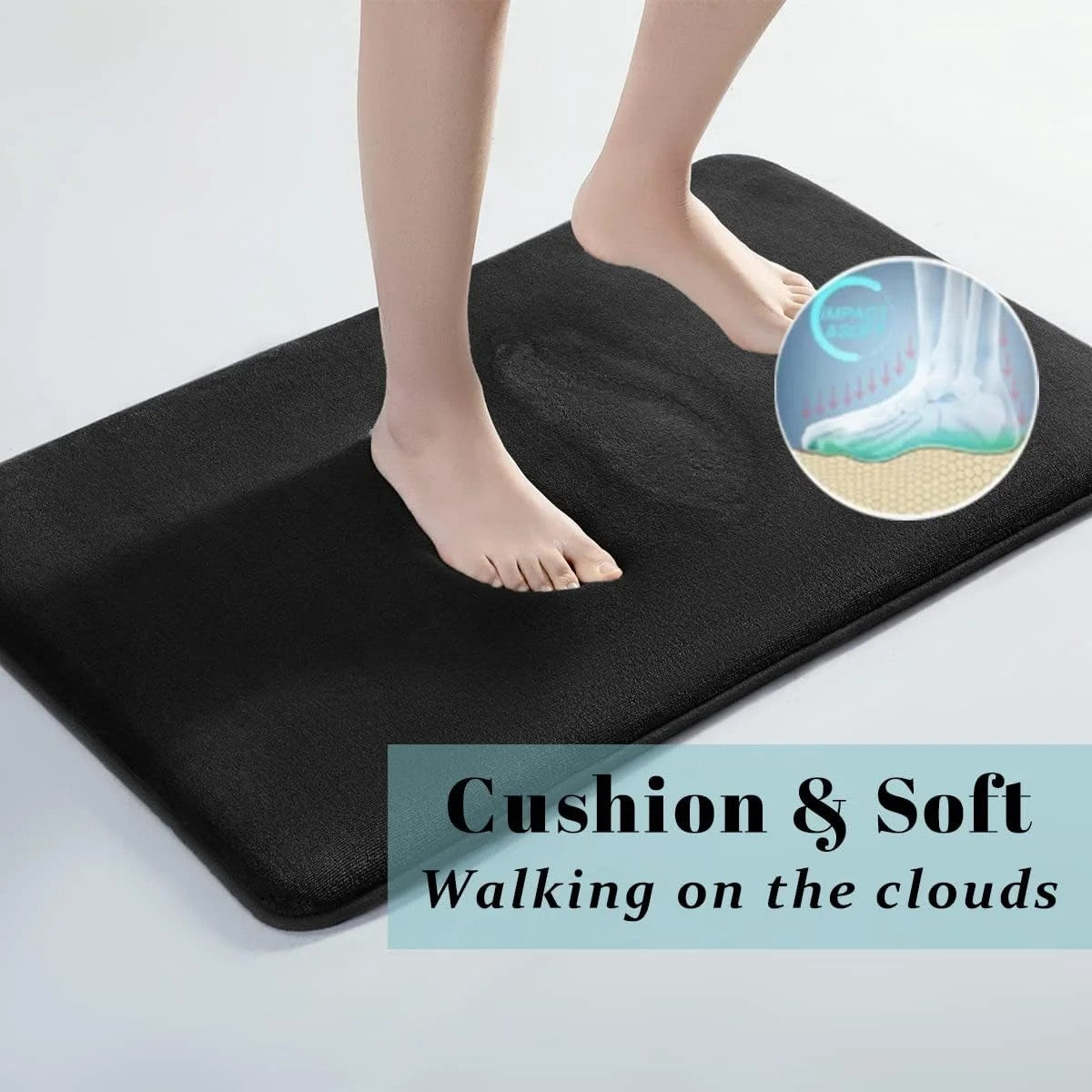 Black memory foam bath mat with cushion support, showing foot imprint and impact absorption—ideal for soft and safe bathroom comfort