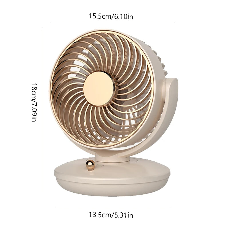 Front view of USB desk fan with labeled size dimensions for desktop use